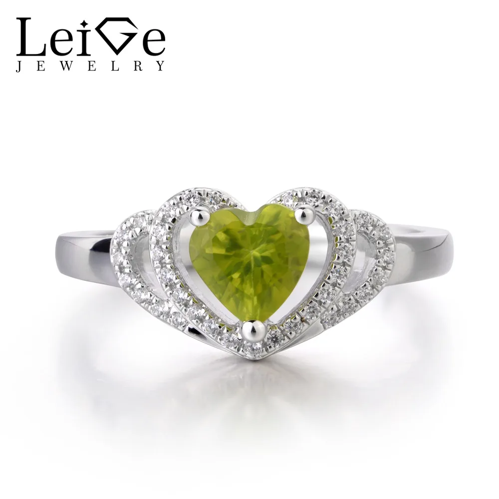 

Leige Jewelry Natural Peridot Ring Heart Shape August Birthstone Wedding Bands Silver 925 Romantic Gifts For Woman