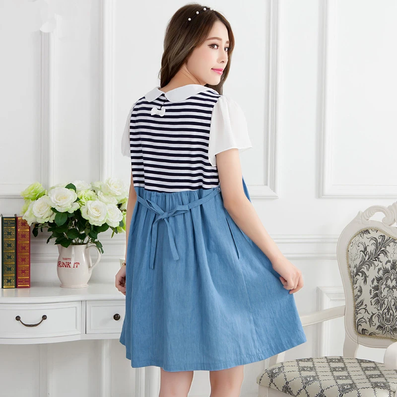 2018 новое летнее джинсовое платье для беременных с коротким рукавом в полоску