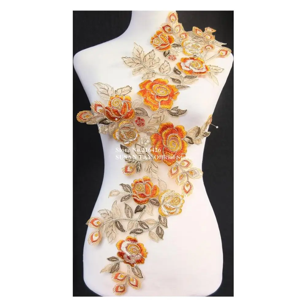 30 шт./партия оранжевый/золотой цветок Аппликации из вышитого кружева воротник