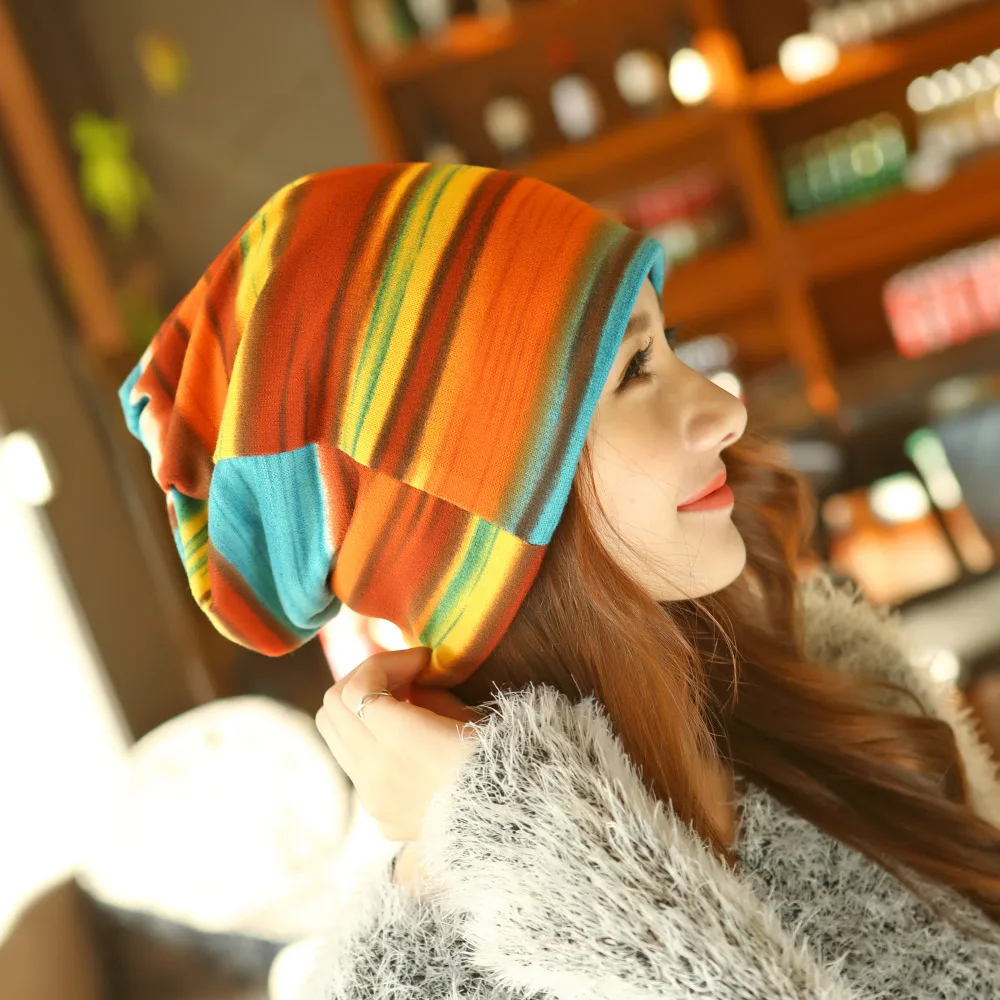 Winter Hip-Hop Hat &ampScarf Multifunction Women Knitted Lady Skullies Piles Striped Cap Fashion Beanies For | Аксессуары для