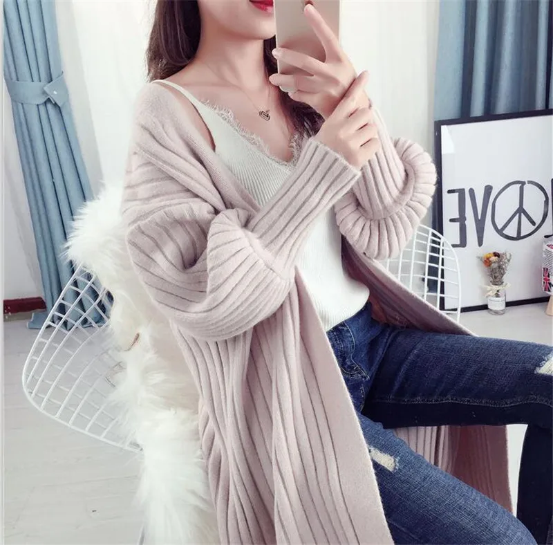 Free Size Women Autumn Long Sweater Cardigans Winter Thick Warm Solid Knitting Cardigans Puff Sleeve Slim Vestido