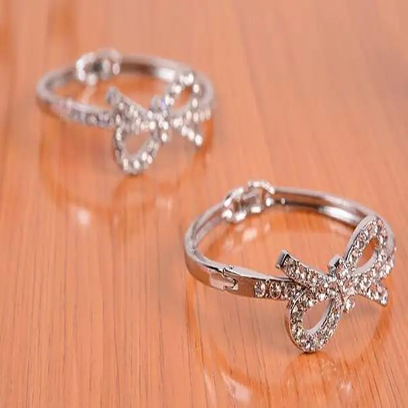 Винтажный серебряный инкрустированный Стразы шармы манжета бант Открытый