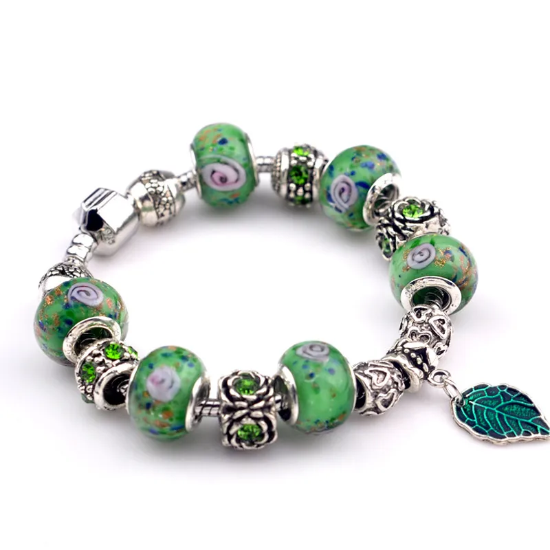 Серебряный Фиолетовый Кристалл BeadCharm pan браслеты& браслеты с листом для женщин девушек Роскошные вечерние ювелирные изделия - Окраска металла: green
