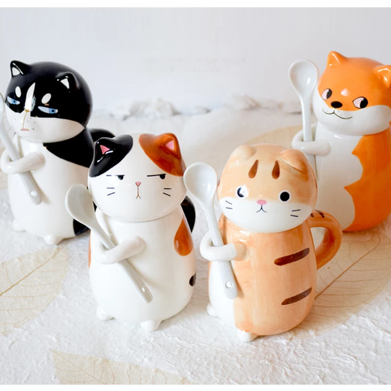 Кружка Керамическая с ложкой и мультяшным принтом хаски|personalized mugs|mug with spoonbreakfast mug