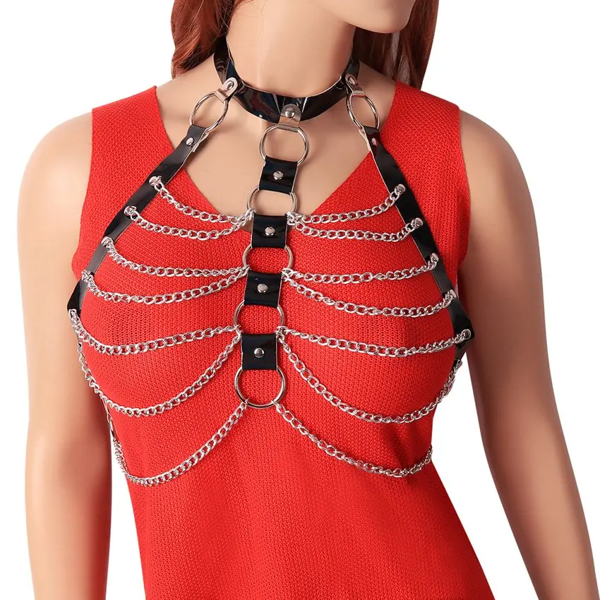 Цепь ремень из металла и кожи черное сексуальное женское белье топ клетка Груди