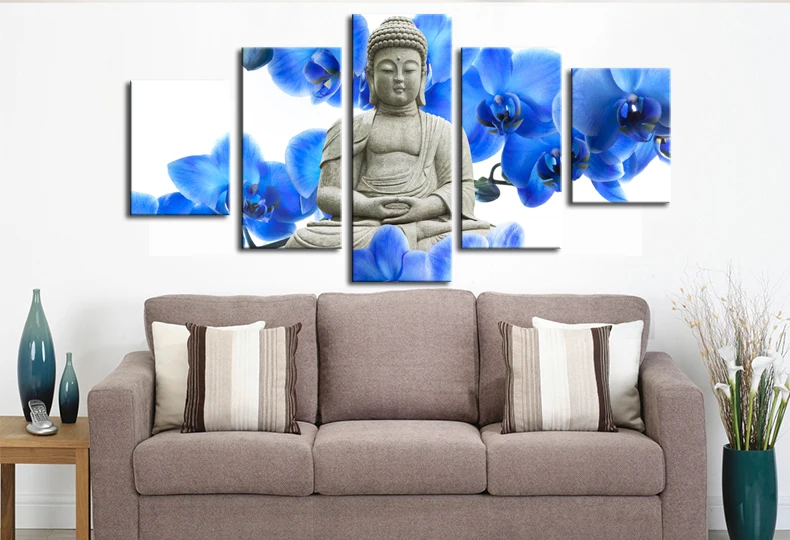 Синие цветы и статуя картины Будды для гостиной Настенная картина маслом Будда