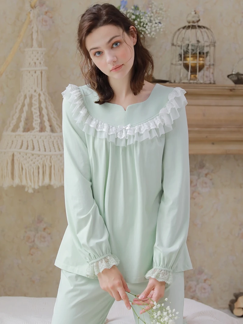 Винтаж Раффлед пижамный комплект светло зеленый Хлопковая пижама Femme осень
