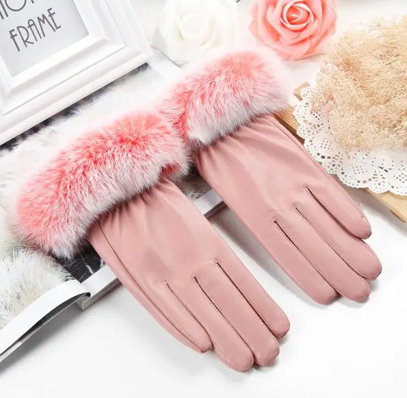 Pink Женские зимние перчатки St. Susana, перчатки с сенсорным экраном, женские перчатки из искусственной кожи, водонепроницаемые, с кроличьим мехом, mujer gants guantes tactil luva - Цвет: Pink