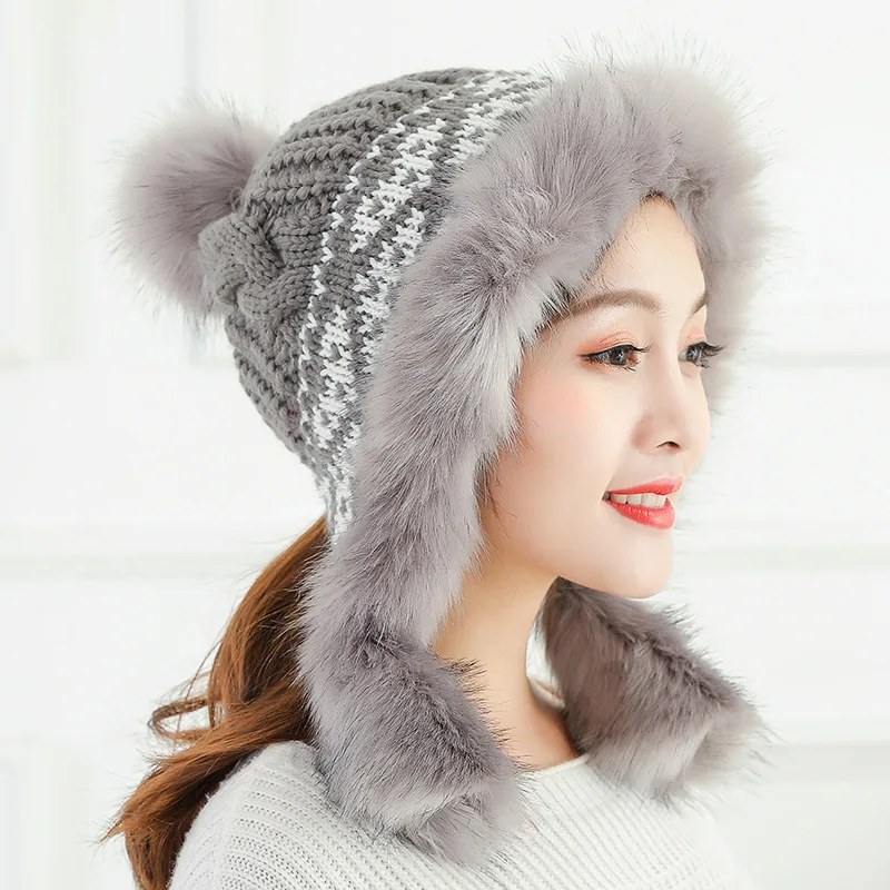 Вязаная шапка-бомбер из искусственного лисьего меха женская зимняя утепленная