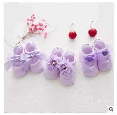 Purple Детские кружевные носки-тапочки летние корейские тонкие хлопковые носки-лодочки детские Нескользящие носки с двойным кружевным бантом и цветочным принтом для малышей - Цвет: Purple