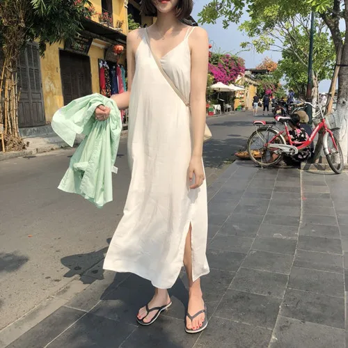 Свободное однотонное платье с v образным вырезом размера плюс новое летнее для