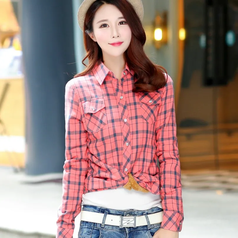 Warm Velvet Checked Shirt Women 2017 Winter Blouse Femininas Feminine Female Plaid long sleeve Top |
