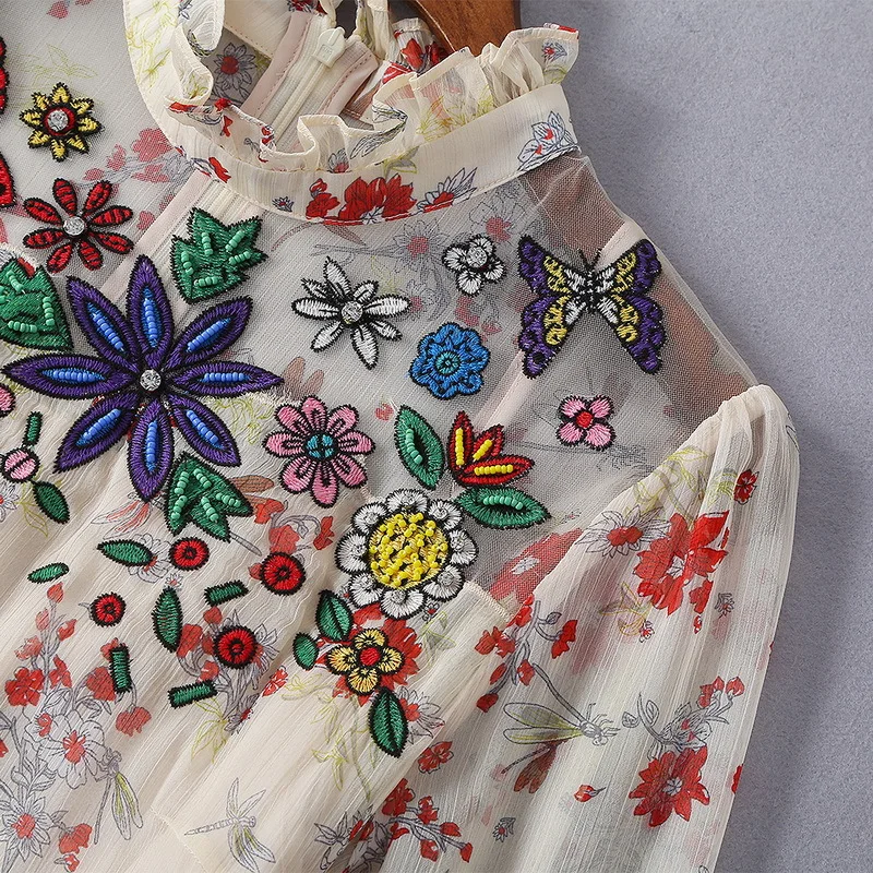 Женское Шифоновое Платье макси с вышивкой длинное платье воротником стойкой