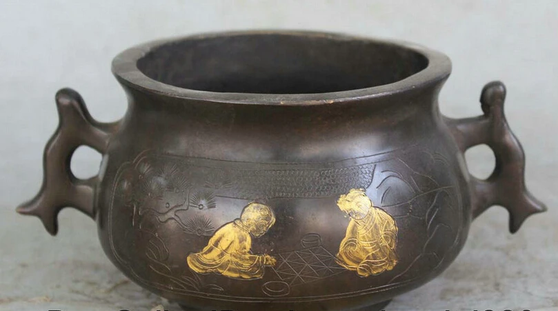 song voge gem S2181 7 Marked Chinese Bronze 3 Foot Boy Girl Tong Zi Play Chess Incense Burner | Дом и сад