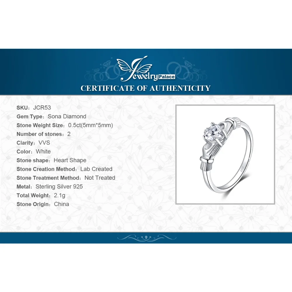 JewelryPalace Heart 0.7ct Irish Claddagh Sona Created Birthstone Promise Ring For Women 925 Sterling Silver Jewelry | Украшения и