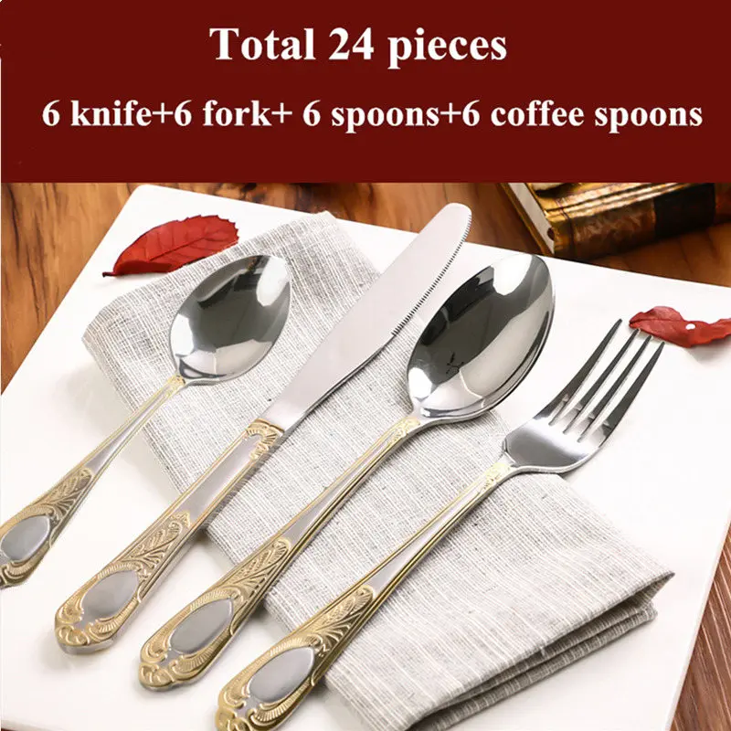 

KuBac Hommi 24pcs Luxury Gold Cutlery Set Dinnerware Set Tableware Silverware Dinner Fork Knife Silverware For 6Drop Shipping