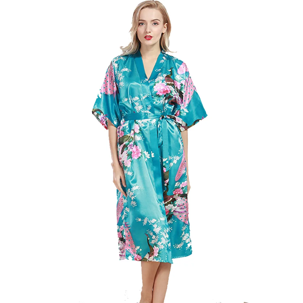 lakeblue КИТАЙСКИЙ женский шелковый халат платье сексуальное кимоно юката платье павлин и цветок печатных пижамы длинный стиль атласные халаты для невесты LP - Цвет: lakeblue