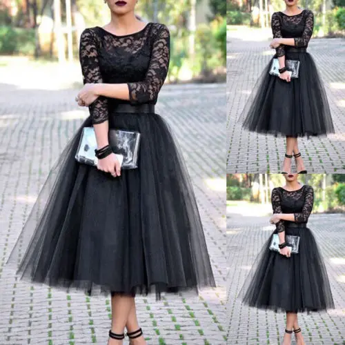 Женское официальное кружевное платье с длинным рукавом черное для выпускного