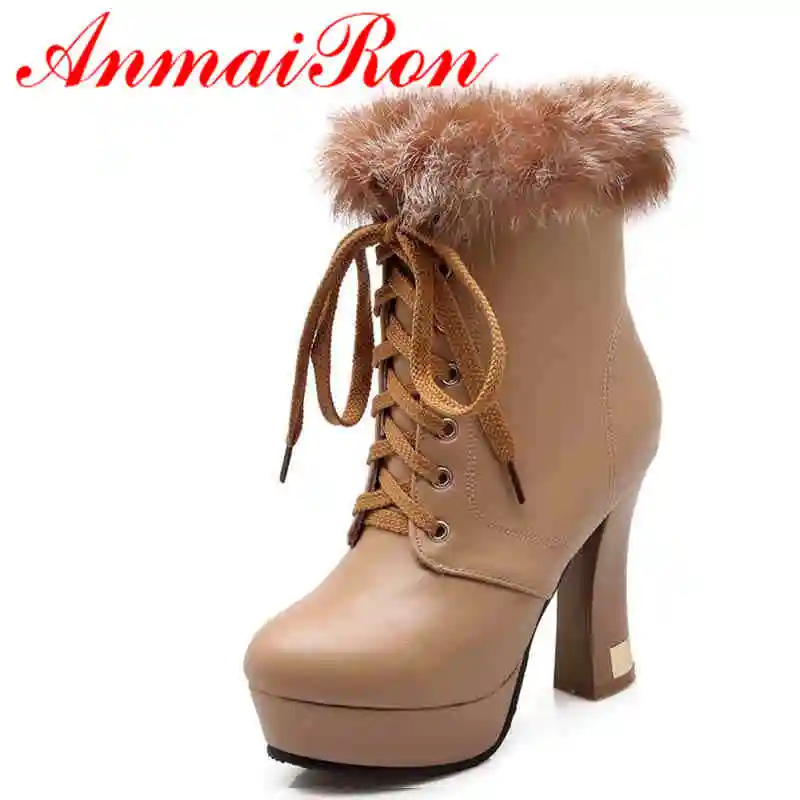 

ANMAIRON New Autumn Winter Snow Boots Arrive Sale Thin Heels Warm Fur Ankle Boots Round Toe High Heels Women Boots Lace Up Sale