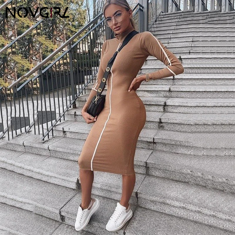 Novgirl 90% хлопок миди платье для женщин 2019 Водолазка с длинным рукавом облегающее
