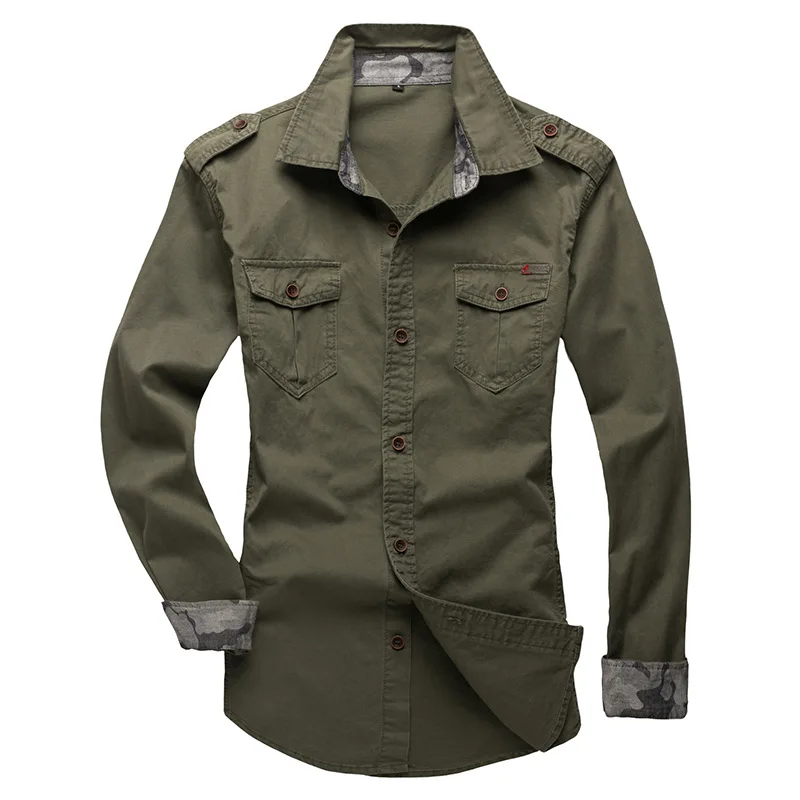 army green Новинка хлопковая Военная рубашка с эполетом, Мужские дышащие повседневные рубашки с длинным рукавом, Мужская Однотонная рубашка, облегающие мужские рубашки - Цвет: army green