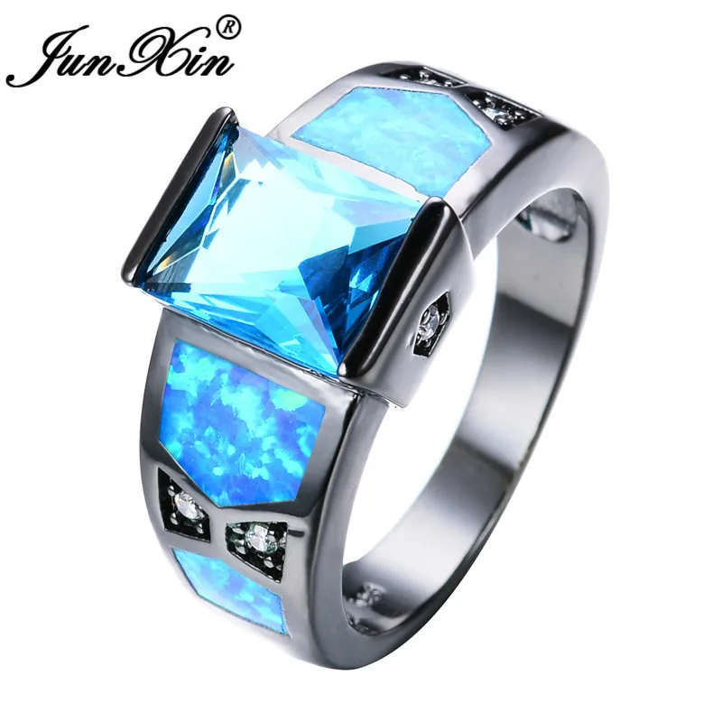 Blue Opal Ring JUNXIN Квадратные Кольца с голубым белым огненным опалом для мужчин и женщин, Черное золото, фиолетовый циркон, камень, камень, обручальное кольцо для мужчин и женщин - Цвет основного камня: Blue Opal Ring