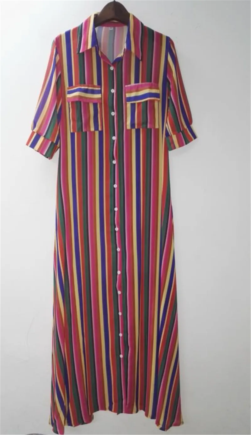 2018 плюс Размер летнее Полосатое длинное платье макси с отложным воротником