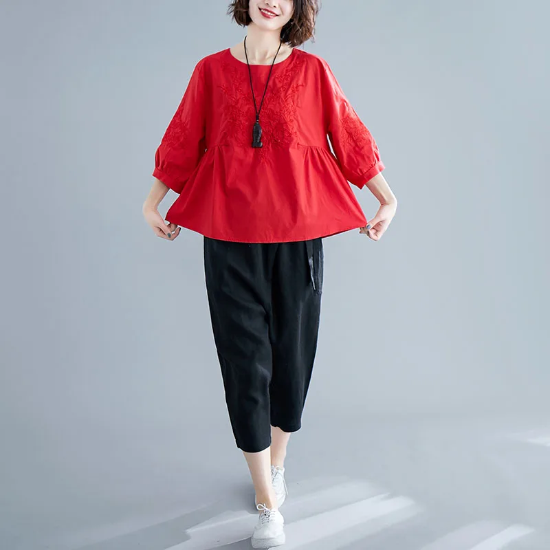 Solid Brief Embroidery Women Shirt Blouse Half Lantern Sleeve Casual Ethnic Retro Summer Tops Femme Clothes Cotton Linen Blusas | Женская