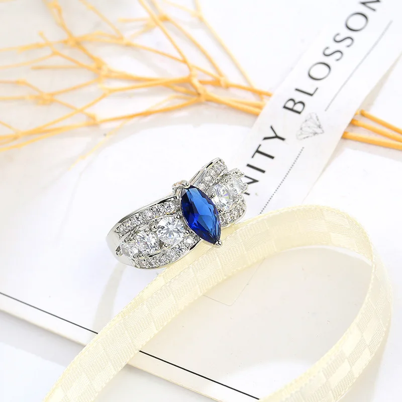 New Hot Fashion Luxury Dazzling Royal Blue Horse Eye Multi-drilled Shine Zircon Ring For Women Wedding Engagement Rings Gifts | Украшения и