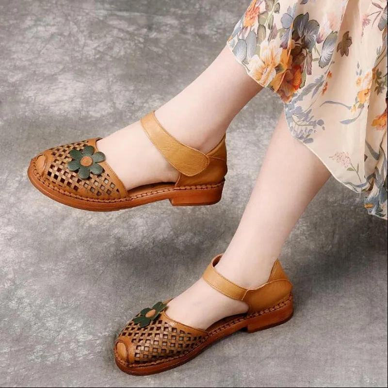 Сандалии женские из натуральной кожи босоножки с перфорацией плоская подошва