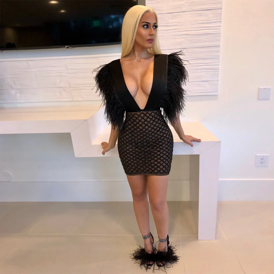 Сексуальное облегающее платье с черным лебедем и перьями обтягивающее мини