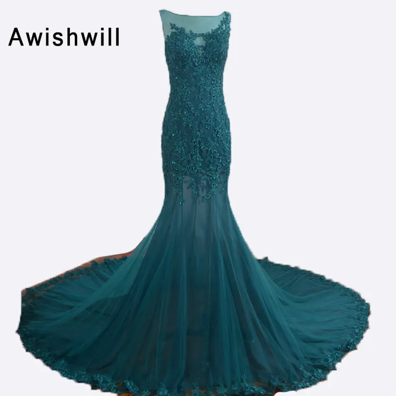 Новая мода Прозрачная Кружевная Апликация длинный Тюль Vestido de Formatura вечерние