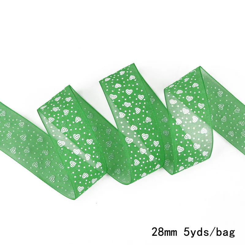 Green 28 мм многоцветная лента из органзы с принтом в виде сердечек и в горошек для рукоделия, швейная лента для волос, подарочная упаковка, Рождественский ленточный аксессуар для одежды - Цвет: Green