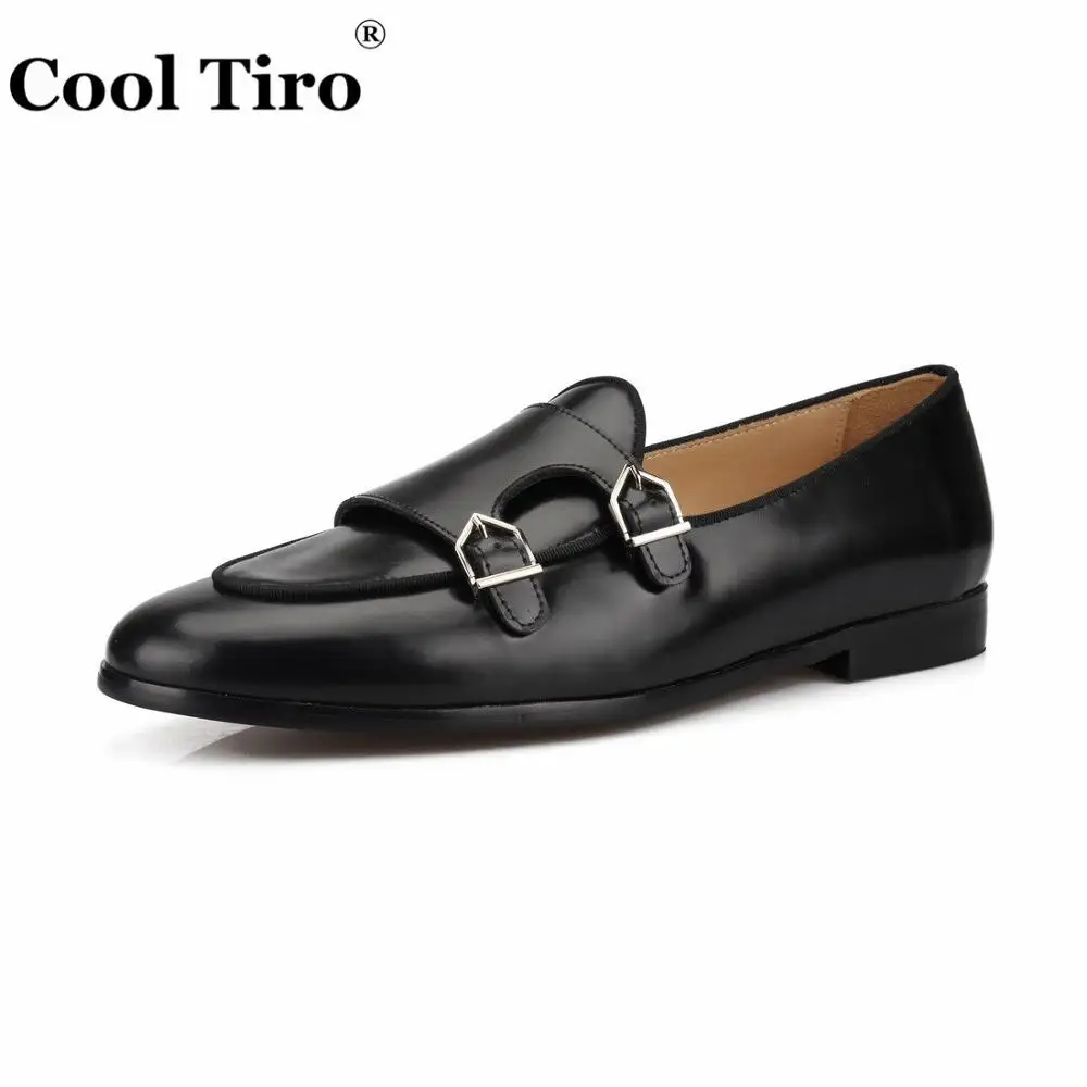 Черный Cool Tiro/Полированная кожа дважды Monk Loafers Мужские Мокасины Тапочки под смокинг Свадебные модельные туфли Туфли без каблуков повседневная обувь чёрный; коричневый - Цвет: Черный