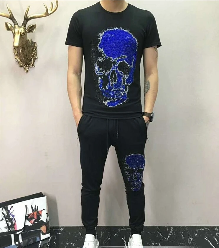 Спортивный костюм Slim Fit Хлопок Мужской короткий рукав костюм "Скелет" хип хоп мужской