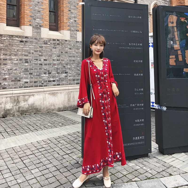 2019 spring new striped embroidered large size was thin dress red boho style fashion retro goddess women's clothing | Женская одежда