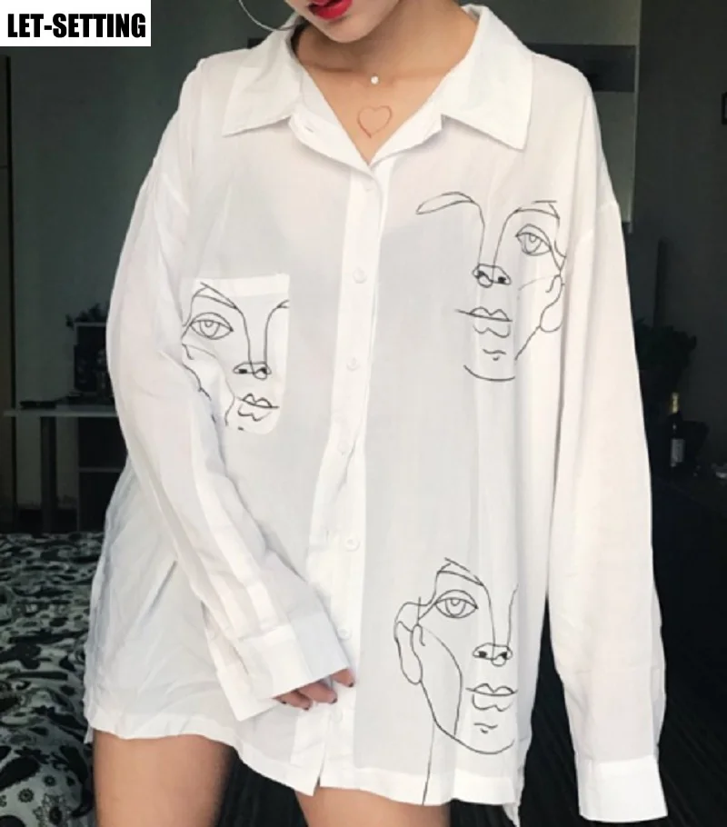 

loose cartoon printed cardigan long-sleeved spring autumn women casual vintage tops long shirt black,white,M-2XL