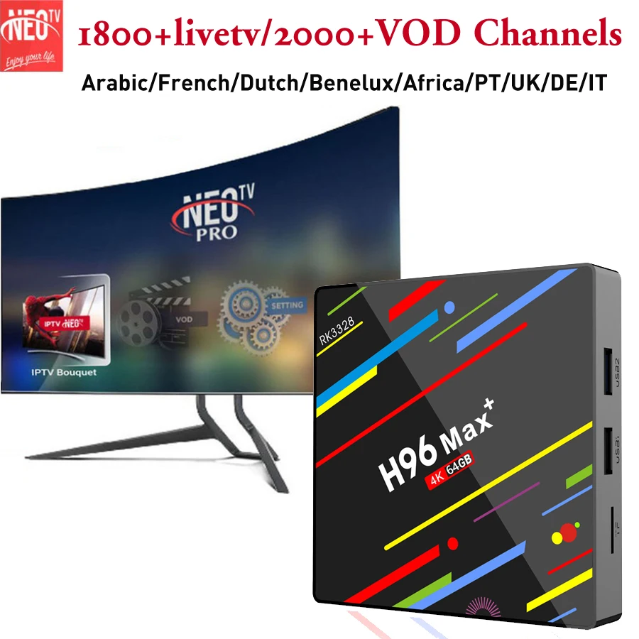 Andoid 9,0 ТВ приставка H96 Макс+ 4 Гб 64 Гб 5G wifi 12 месяцев с системой NEO IPTV подписка на французский арабский Африканский каналы NEO tv PRO Европа ТВ