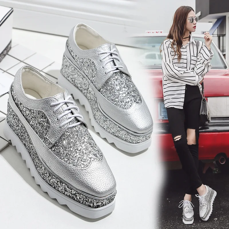 Броги женские на платформе со шнуровкой блестящие криперы квадратный носок