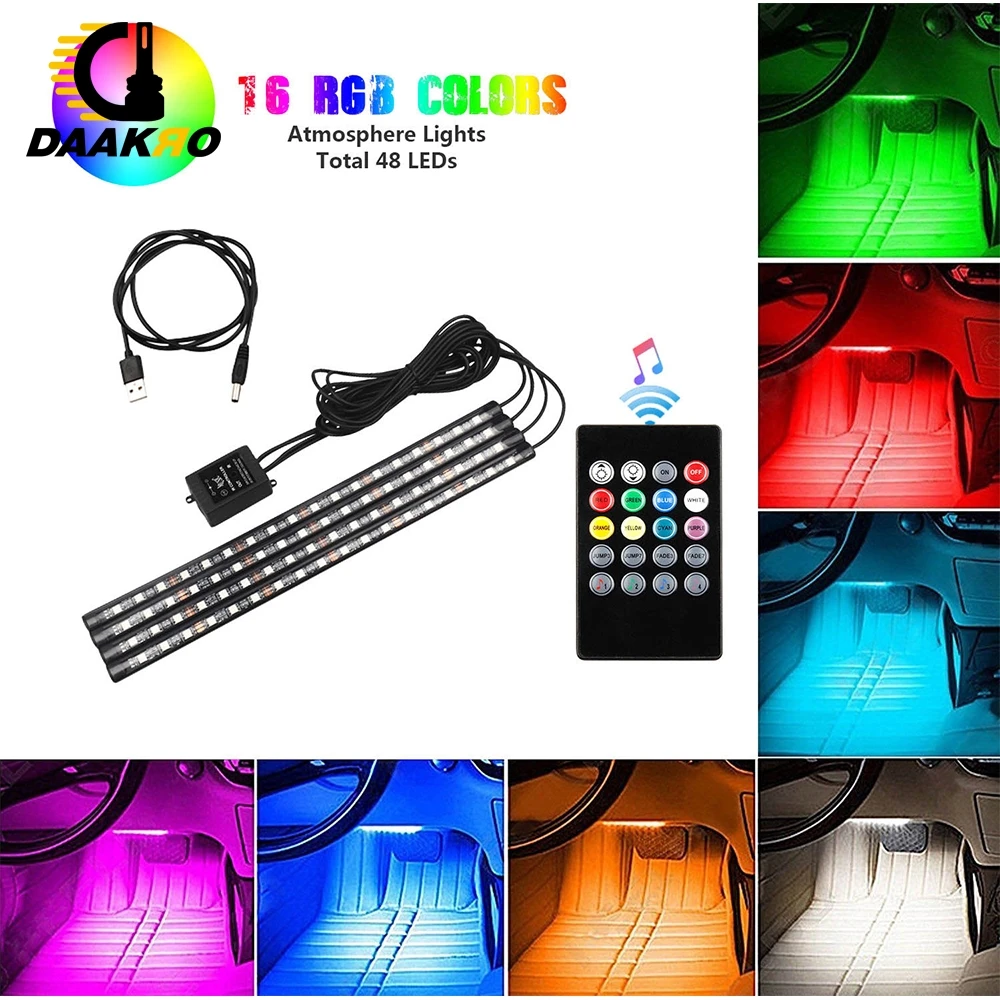 4 шт. ультратонкий RGB 12 48 светодиодный Авто интерьерный неоновый атмосферный светильник, музыкальный пульт дистанционного управления, цветной DC 12 В 10 Вт
