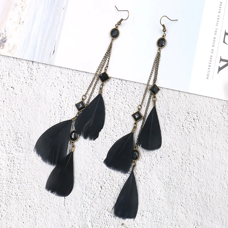 Винтажные этнические длинные черные висячие серьги с перьями и кисточками для
