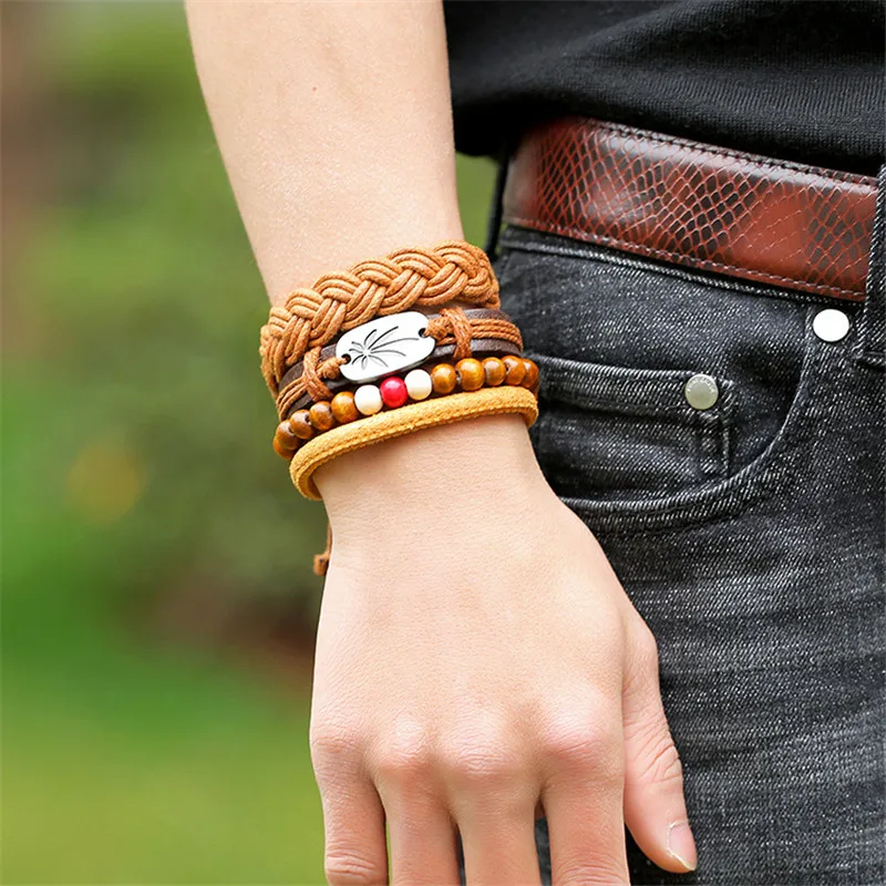 Кожаный браслет Homens Pulseira 1 комплект 3/4 шт. мужской многослойный с бусинами для