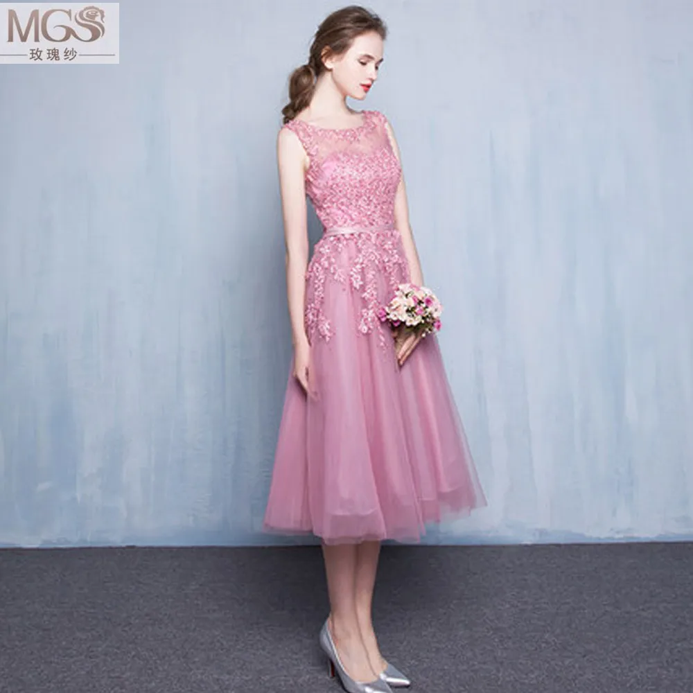 2016 MGS A-Line Scoop Tea-Length Crepe Stylish Bridesmaid Dresses Appliqued Beading Pearls Sexy See Through Back Bridal Gown |