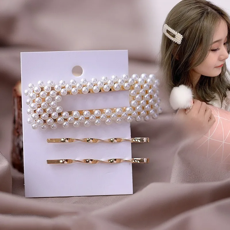 Square Set Заколки для волос для женщин, заколки для волос, Корея, искусственный жемчуг, бисер, заколки для волос, аксессуары для волос, ювелирные изделия для девочек, модные заколки для волос - Окраска металла: Square Set
