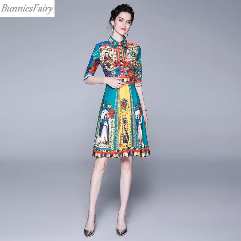 BunniesFairy, лето-осень, женское винтажное Ретро этническое платье-рубашка с цветочным принтом и изображением девы Марии ангелов, рукав до локтя
