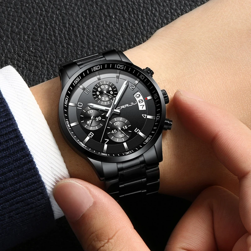 CRRJU мужские черные часы из нержавеющей стали Роскошные Кварцевые классические