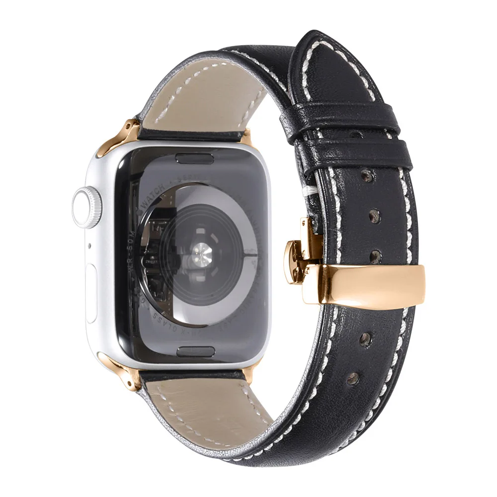 IStrap ремешок из натуральной кожи для Apple Watch 42 мм 38 мм/44 мм 40 мм серия 4 3 2 1 для Apple Watch ремешок iWatch ремешок для часов - Цвет ремешка: Black white-Ros gold