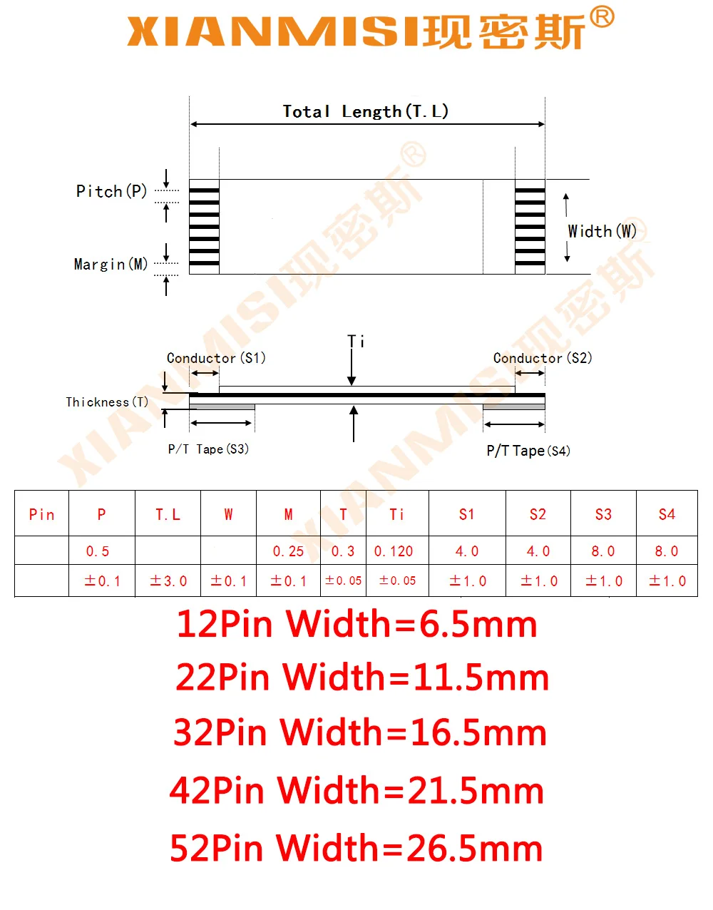 FFC FPC плоский гибкий ленточный кабель 12Pin 22Pin 32Pin 42Pin 52Pin с одной стороны 0 5 мм Шаг AWM