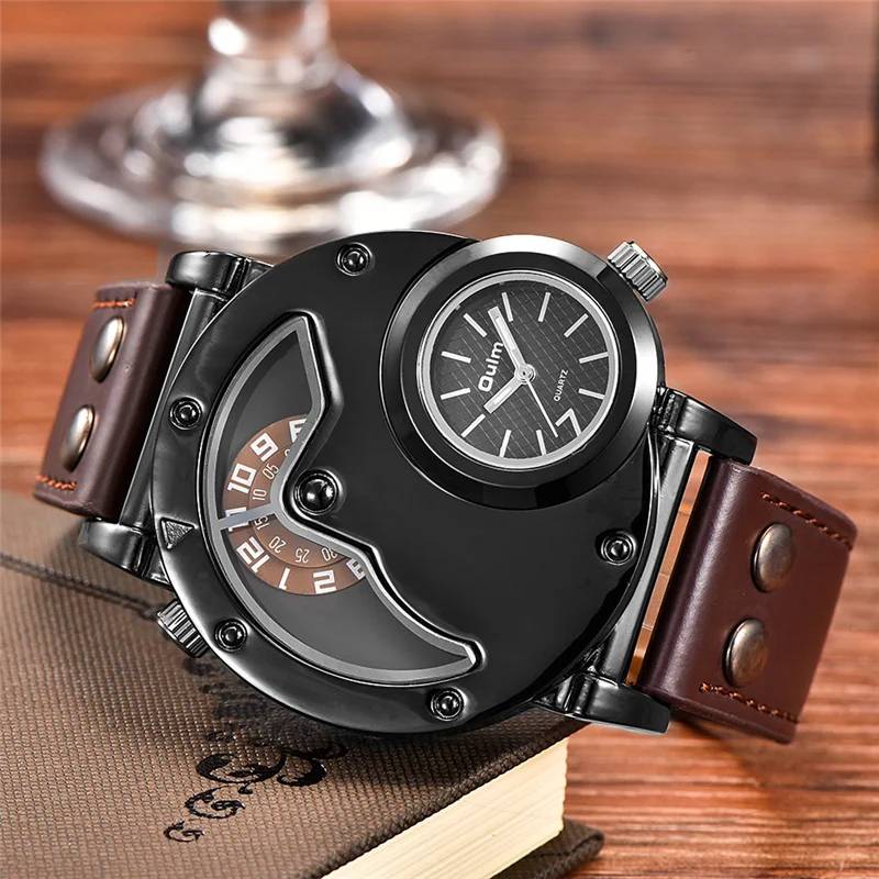 

Oulm Retro Men's Quartz Watches Top Brand Luxury Two Time Zone Wristwatch PU Leather Sport Male Clock relogio masculino