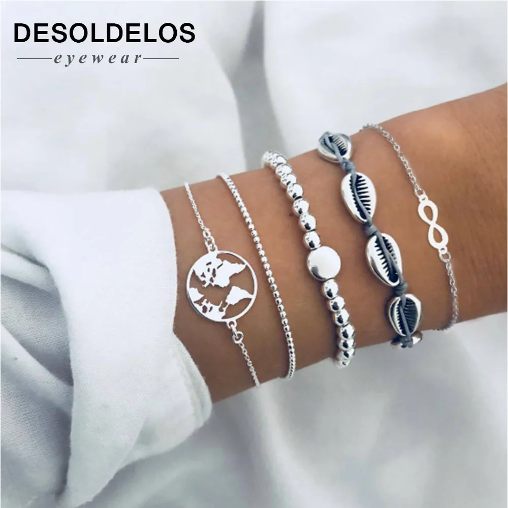 

New 4pcs/set Bohemian Silver Chain Beads Bracelets Vintage Fashion Ocean Map Shell Bracelets Bangles Sets For Women Jewelry